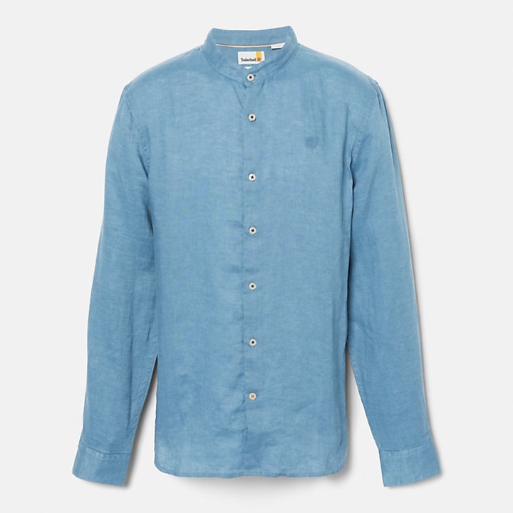 Mill River Band-collar Linen Shirt for Men in Blue-