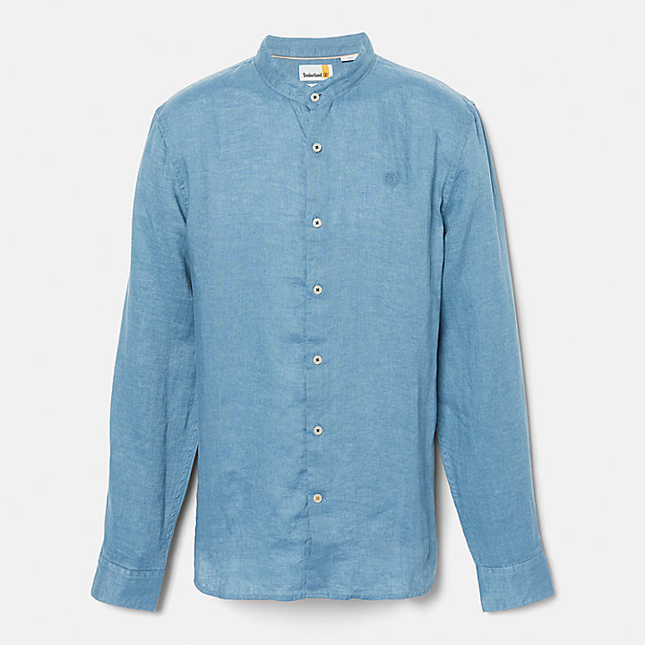 Mill River Band-collar Linen Shirt for Men in Blue