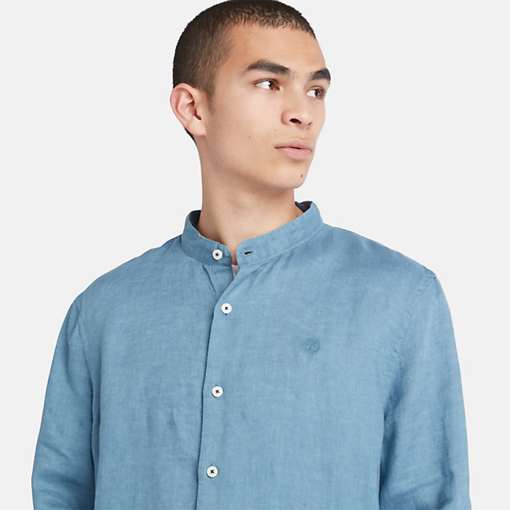 Camisa em Linho com Colarinho Coreano Mill River para Homem em azul-