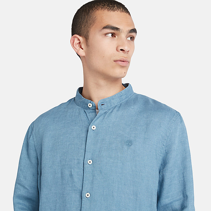 Men's Mill River Korean-Collar Linen Shirt in Blue