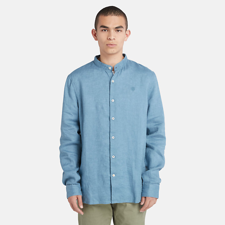 Men's Mill River Korean-Collar Linen Shirt in Blue-
