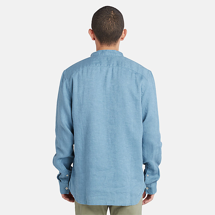Mill River Band-collar Linen Shirt for Men in Blue