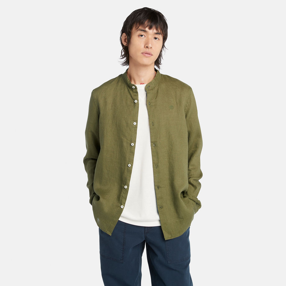 Timberland Mill Brook Korean-collar Linen Shirt For Men In Green Green, Size 3XL