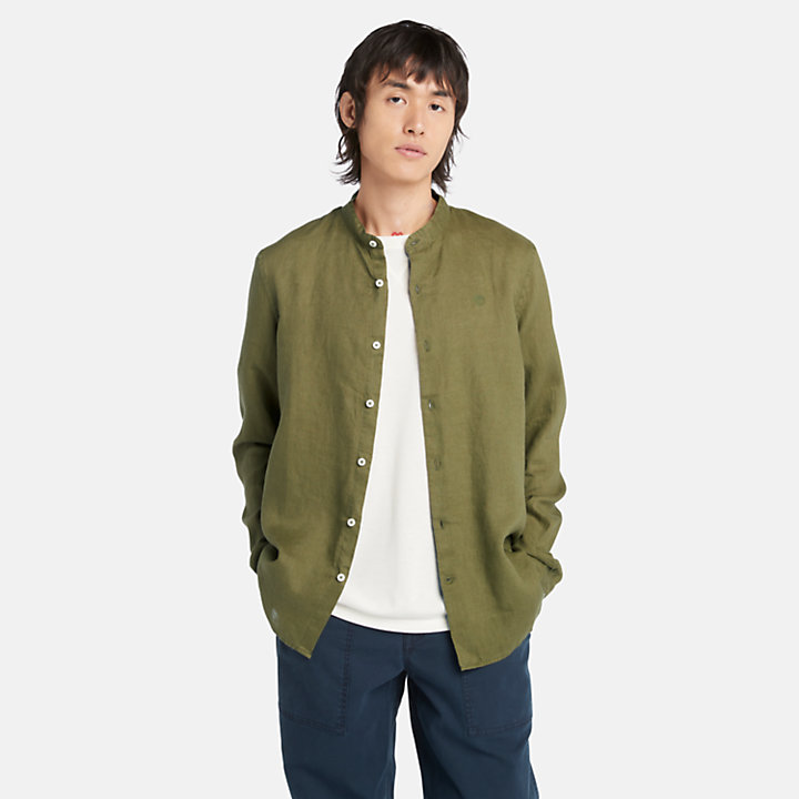 Mill Brook Korean-collar Linen Shirt for Men in Green-