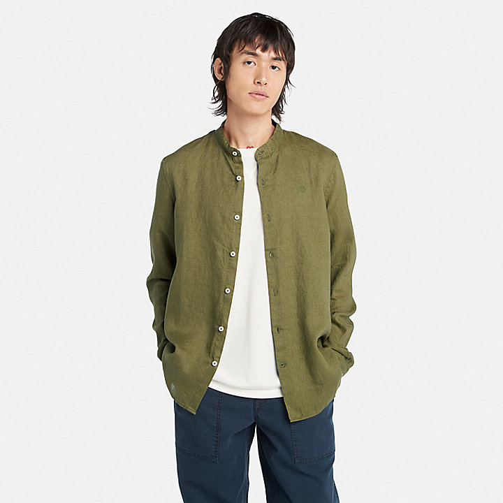 Mill Brook Korean-collar Linen Shirt for Men in Green