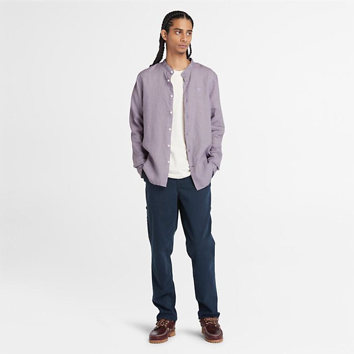 Mill Brook Korean-collar Linen Shirt for Men in Purple-
