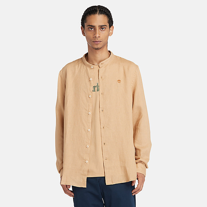 Mill Brook Korean-collar Linen Shirt for Men in Yellow