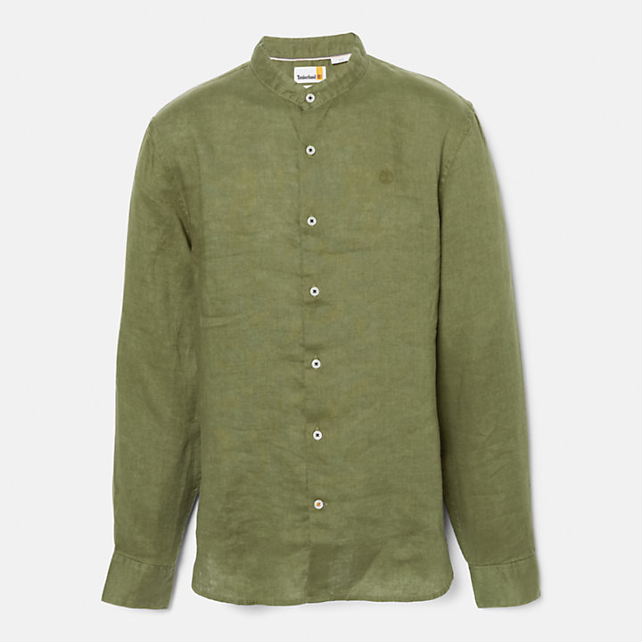 Men's Mill River Korean-Collar Linen Shirt in Dark Green-