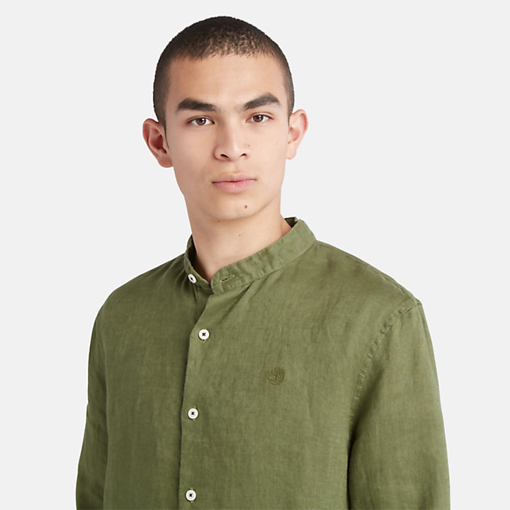 Mill River Band-collar Linen Shirt for Men in Green-