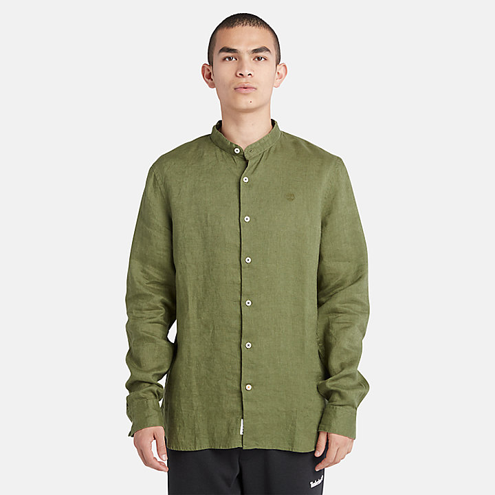 Men's Mill River Korean-Collar Linen Shirt in Dark Green