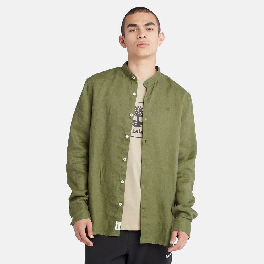 Timberland Men’s Mill River Korean-collar Linen Shirt In Dark Green Green, Size XL