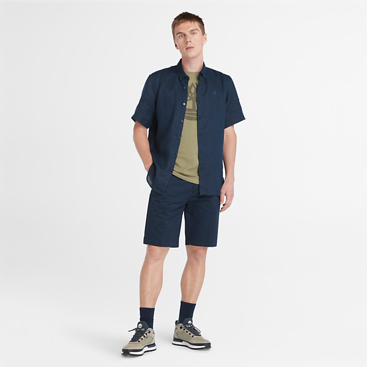 Mill River Short-sleeve Linen Shirt for Men in Navy-