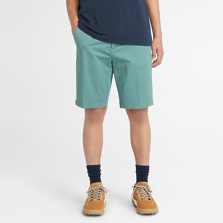 Pantalones cortos chinos de sarga elástica para hombre en azul verdoso-
