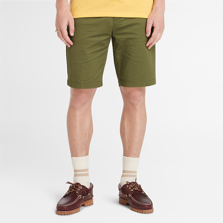 Pantalones cortos chinos de sarga elástica para hombre en verde-