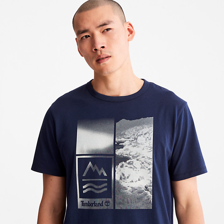 Camiseta Estampada Mountains-to-Rivers para Hombre en azul-