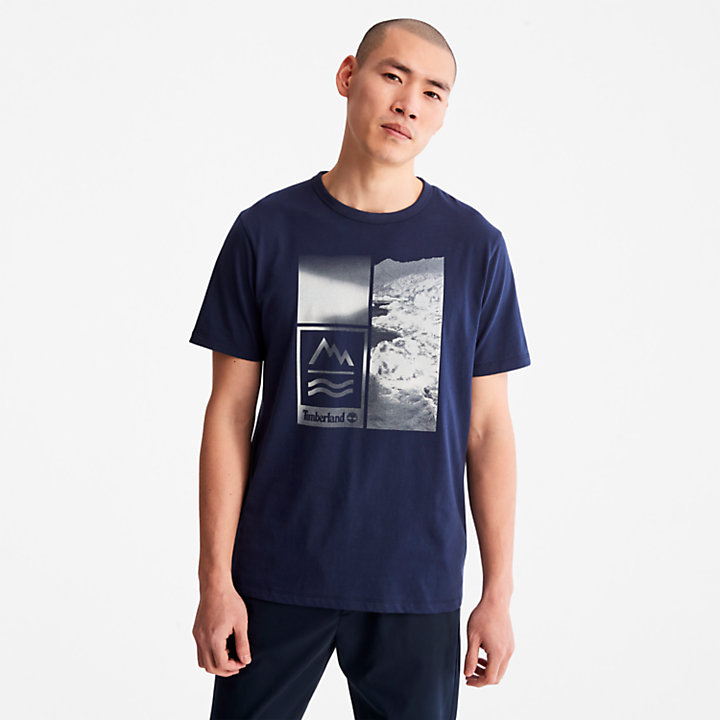 Mountains-to-Rivers Print T-Shirt for Men in Blue-