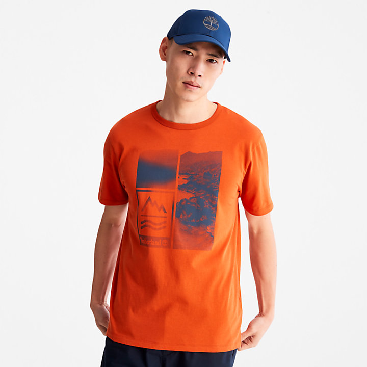 Mountains-to-Rivers Print T-Shirt for Men in Orange-