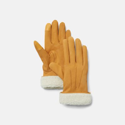 Timberland Leather Gloves With Fleece Cuffs For Women In Yellow Yellow