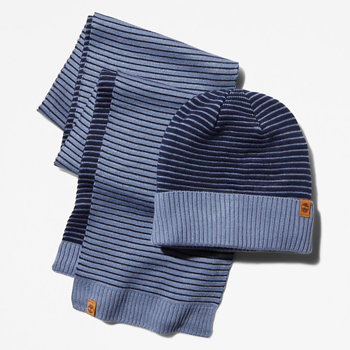 Ottoman-Rib Beanie and Scarf Gift Set for Men in Blue-