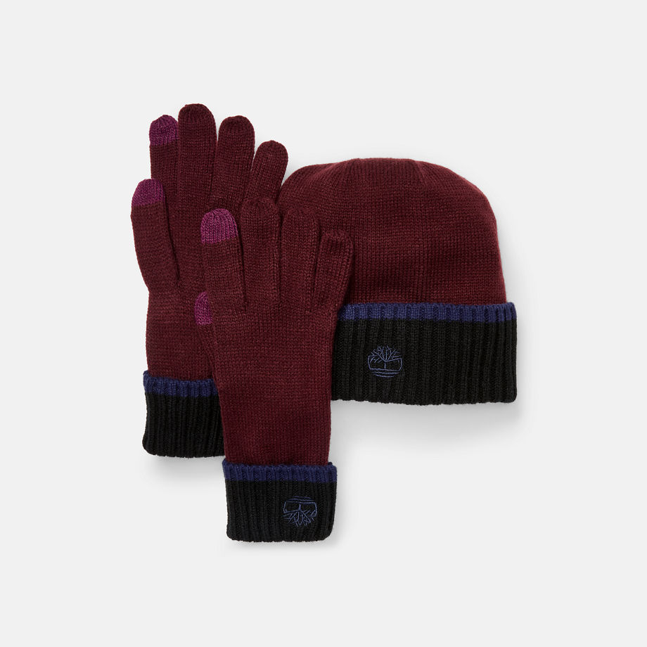 Timberland All Gender Beanie And Glove Gift Set In Burgundy Burgundy Unisex, Size ONE