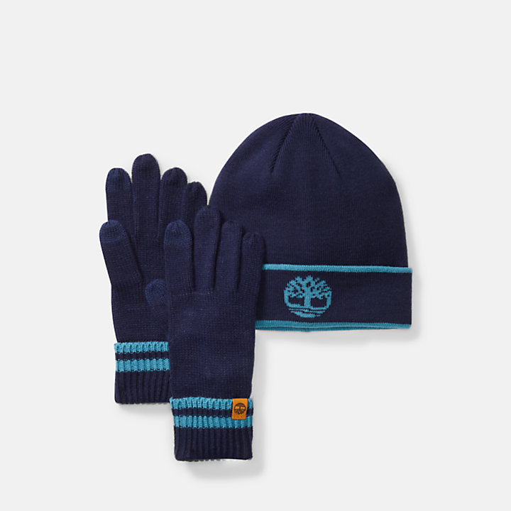 Conjunto de sombrero y guantes con yemas táctiles para hombre en azul marino-