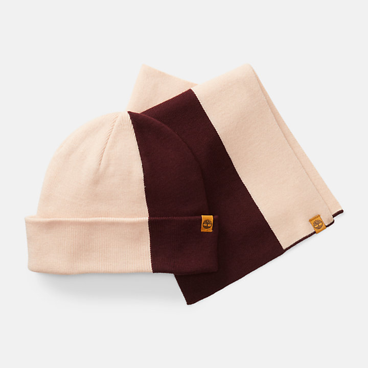 Conjunto regalo de gorro y bufanda en bloques de color para mujer en rosa-
