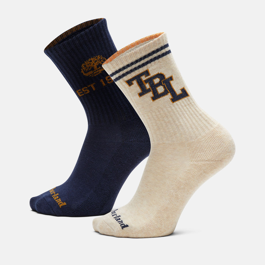 Timberland All Gender 2 Pack Throwback Lock-up Crew Socks In Navy/beige Navy Unisex, Size S