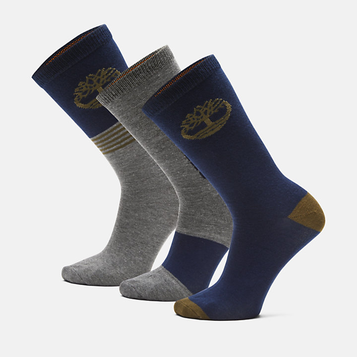 Coffret cadeau lot de 3 paires de chaussettes à rayures multicolores pour homme en bleu marine/gris-