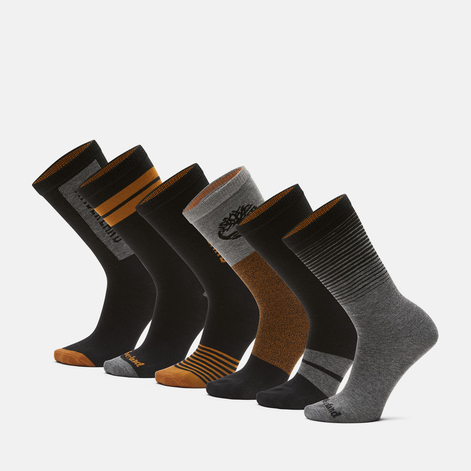 Timberland Six Pair Pack Mix-up Crew Socks Gift Set In Black/grey/brown Black Unisex, Size S