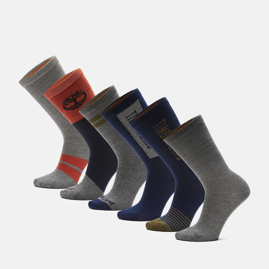 Timberland Six Pair Pack Mix-up Crew Socks Gift Set In Navy/grey Navy Unisex, Size L