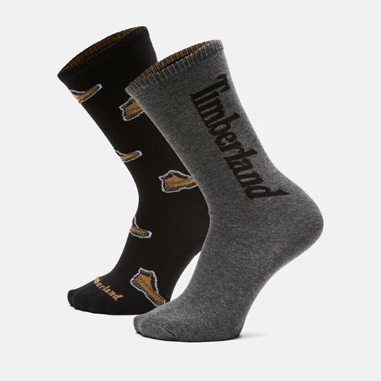 Pack de 2 pares de calcetines unisex de caña media para botas con estampado integral en negro/gris | Timberland