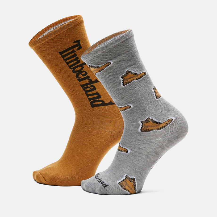 Timberland All Gender 2 Pack All-over Print Boot Crew Socks In Grey/orange Grey Unisex, Size S