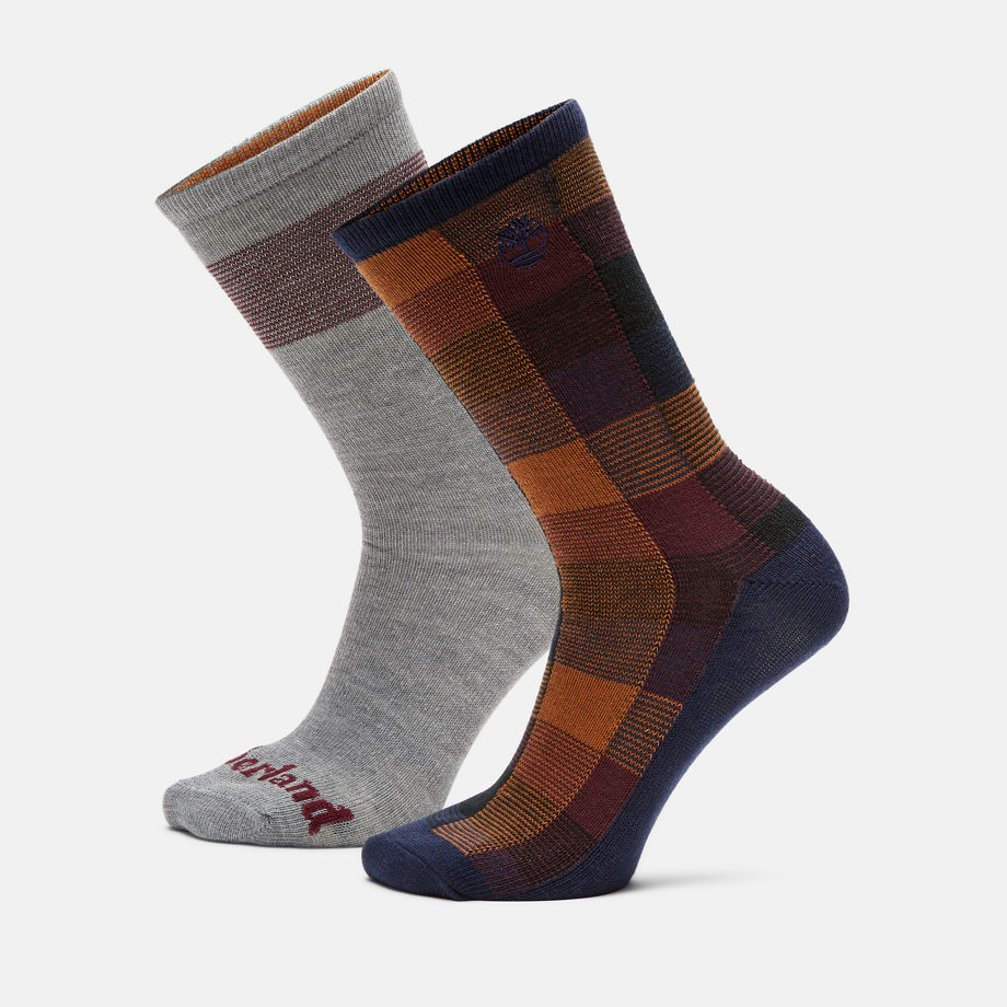 Timberland 2 Pack Everyday Plaid Crew Sock In Multicoloured Burgundy Unisex, Size L