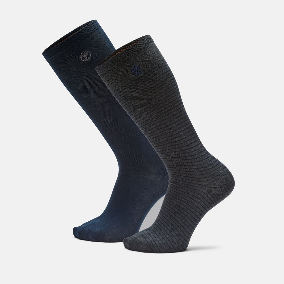 Timberland 2 Pack Mini Stripe Over-the-calf Crew Socks For Men In Dark Grey/navy Grey