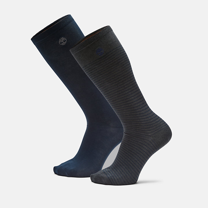 Pack de 2 pares de calcetines de caña alta y rayas finas para hombre en gris oscuro/azul marino-