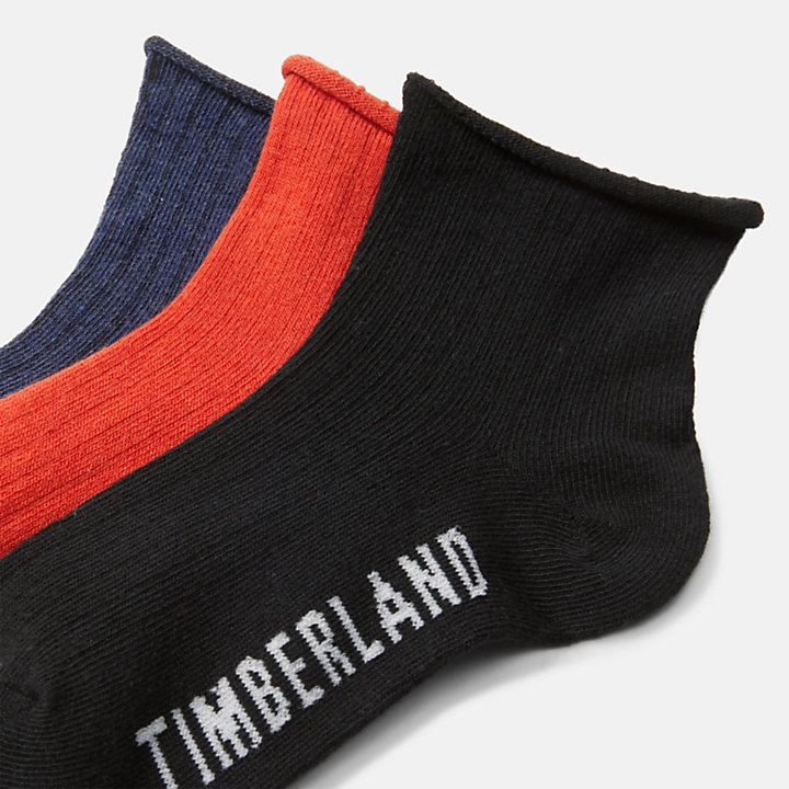 3-Pack Ribbed Quarter Crew Socks for Women in Black/Blue/Red-