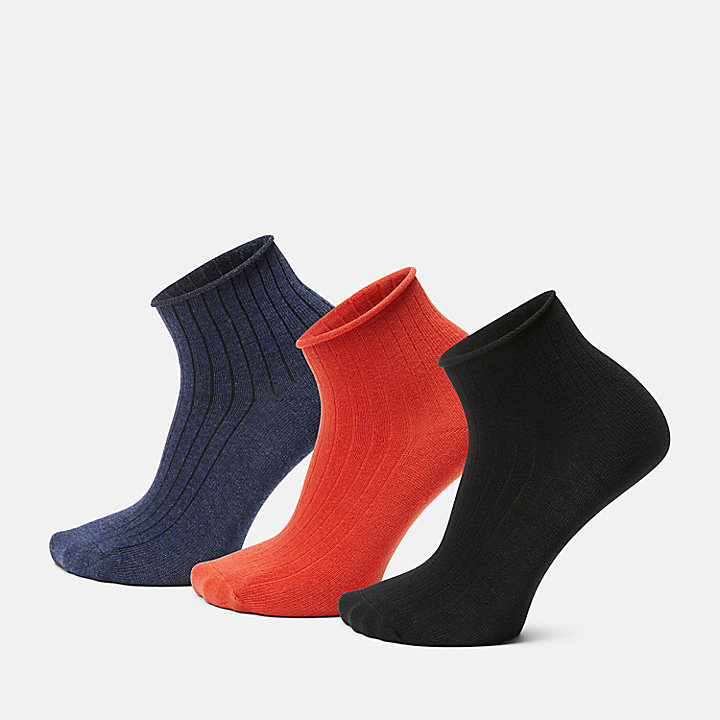 3-Pack Ribbed Quarter Crew Socks for Women in Black/Blue/Red