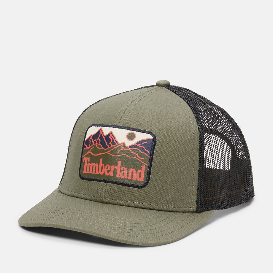 Timberland Mountain Line Patch Trucker Hat For Men In Green Green