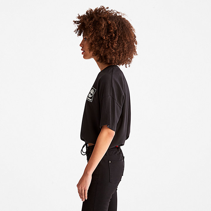 T-shirt Curta com Cordão na Bainha para Mulher em preto