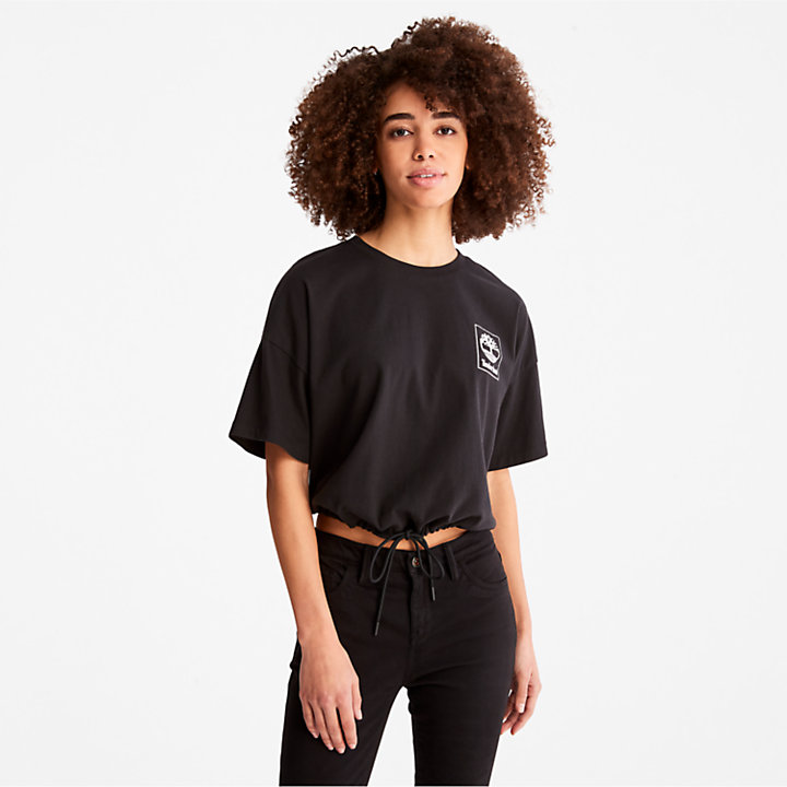 Cropped T-Shirt with Drawstring Hem for Women in Black-