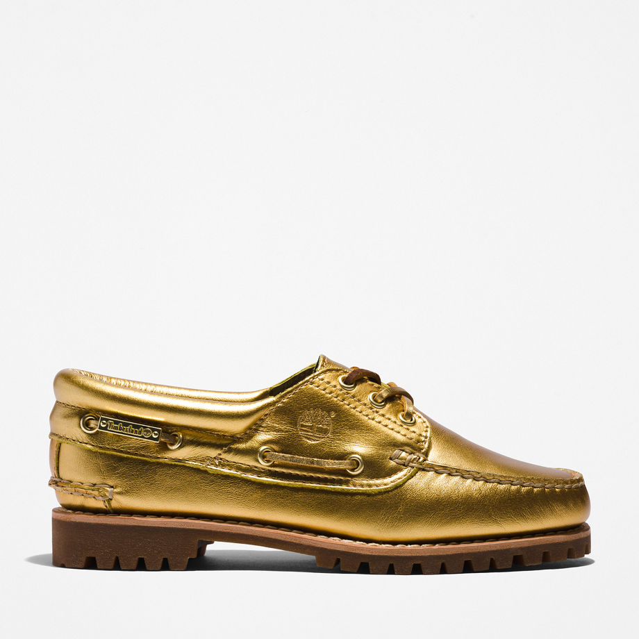 Timberland Noreen 3-eye Lug Handsewn Boat Shoe For Women In Gold Gold