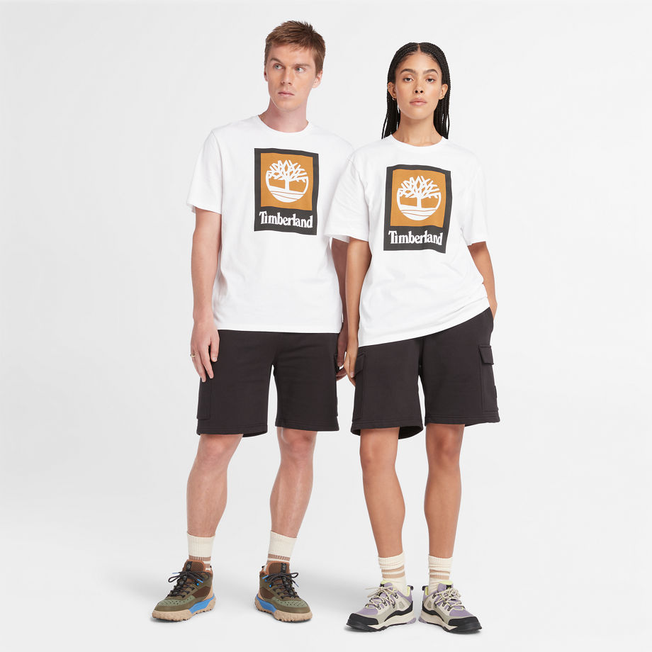 Timberland All Gender Logo Stack T-shirt In Weiß/schwarz Weiß Unisex
