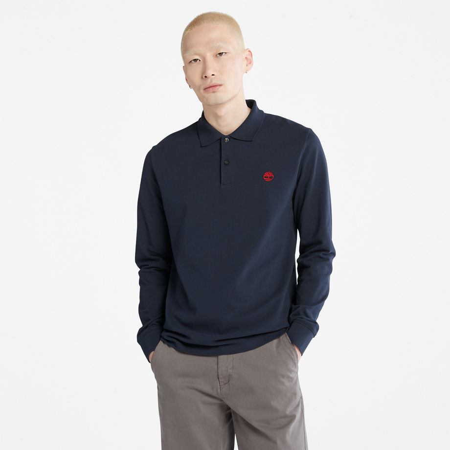 Timberland Millers River Long-sleeve Pique Polo Shirt For Men In Navy Blue