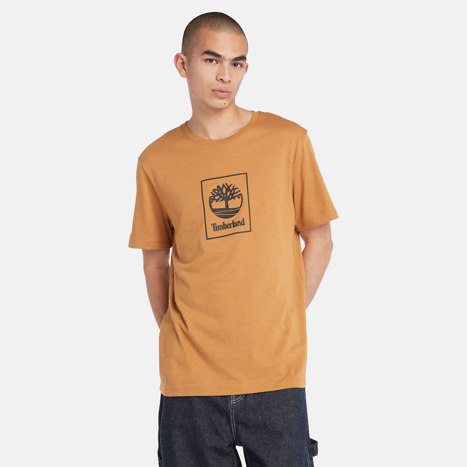Timberland Stack Logo T-shirt For Men In Orange Yellow/black, Size XS
