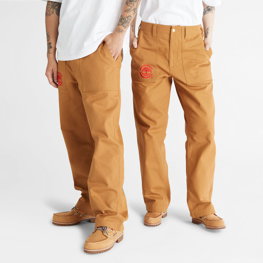 Clot X Timberland Duck Canvas Workwear Trousers In Dark Yellow Brown Men, Size 33 x 32
