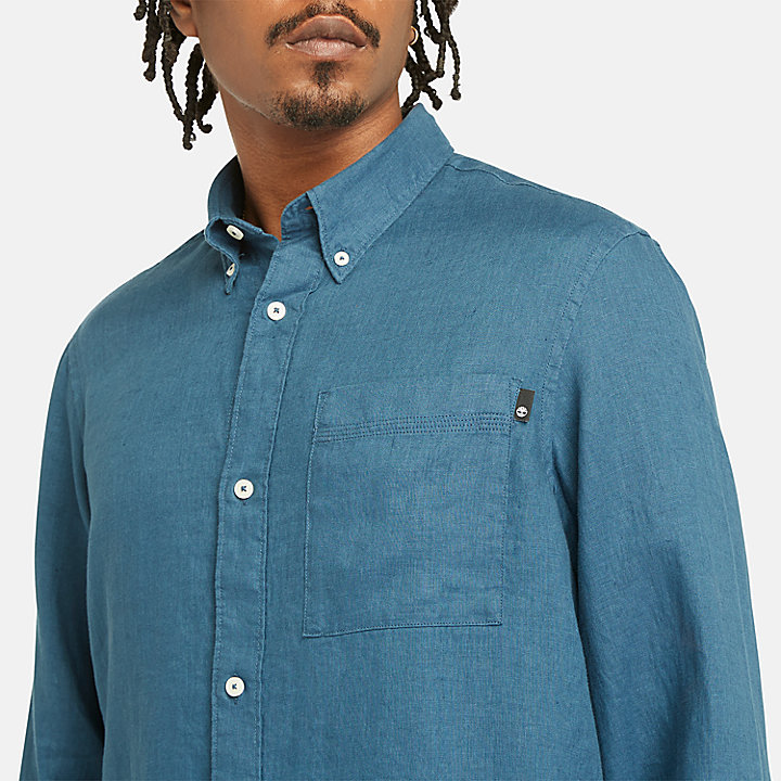 Camicia in Lino con Tasca da Uomo in blu