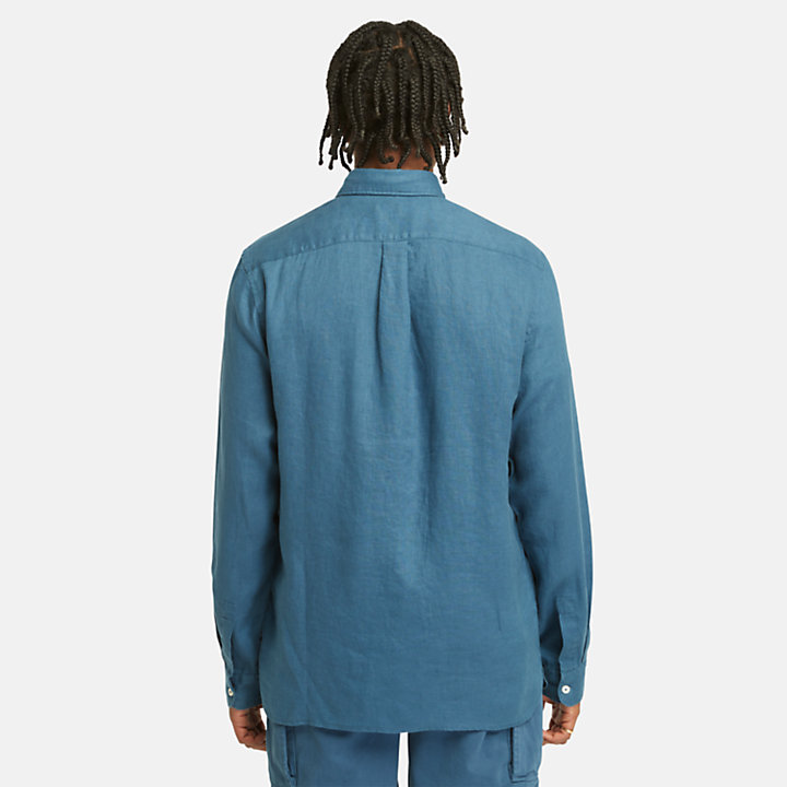 Chemise en lin à poche pour homme en bleu-