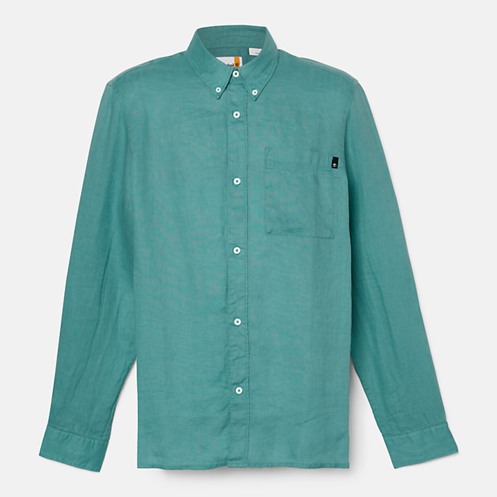 Camisa de lino con bolsillo para hombre en azul verdoso-