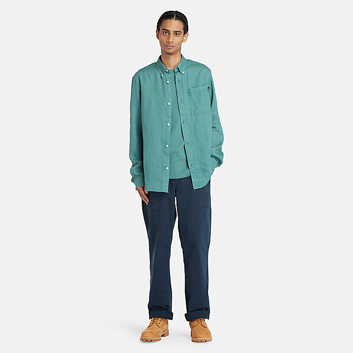 Camisa de lino con bolsillo para hombre en azul verdoso