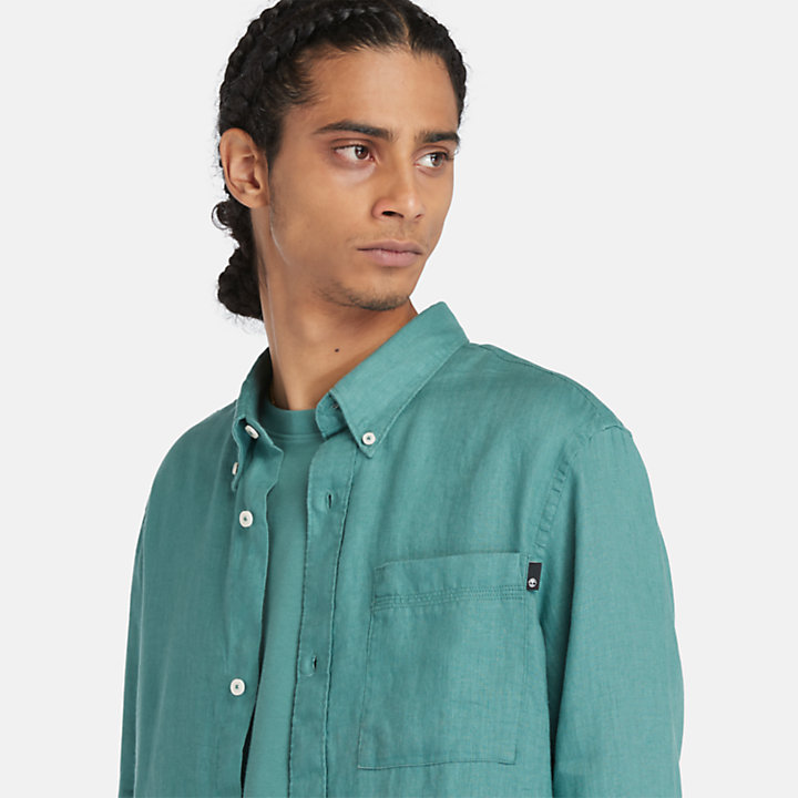 Linen Shirt with Pocket for Men in Teal-